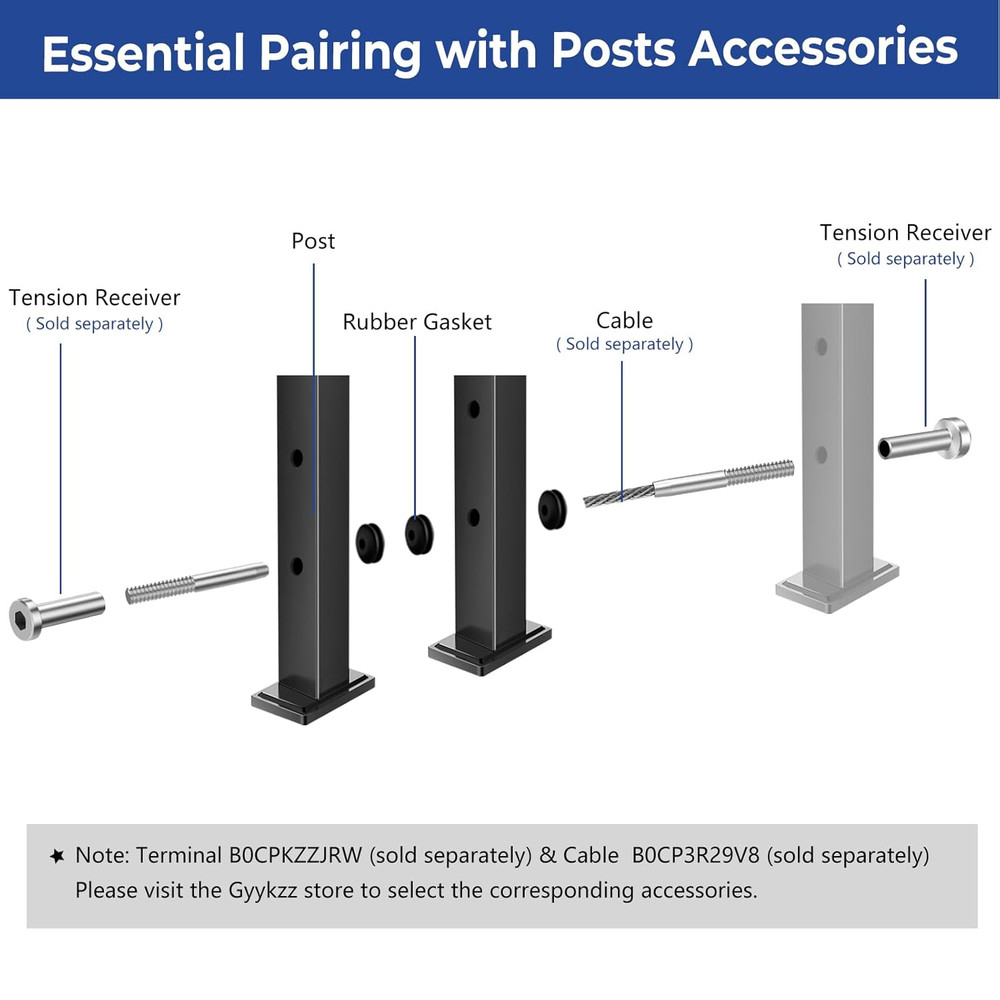 Matte Black 42" Cable Railing Post 4 Pack for Decks & Balconies
