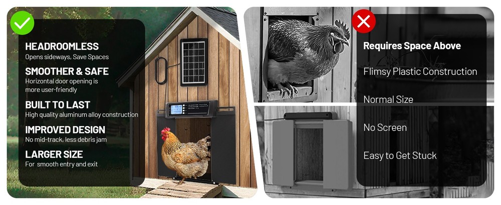 Extra Large Horizontal Opening Automatic Chicken Door W/ Timer & Remote Control