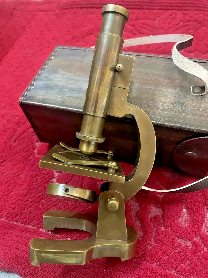 Brass Microscope Student Microscope 7 Inch Antique Type With Leather Cover heave