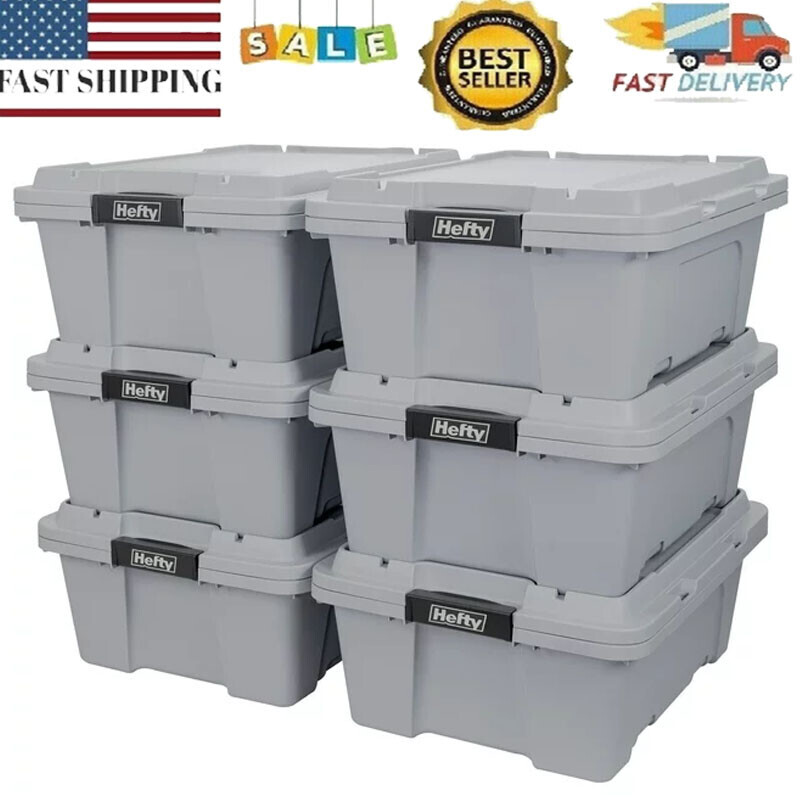 6-Pack 12 Gal Plastic Utility Storage Tote Stackable Containers Box Bin w/ Lids