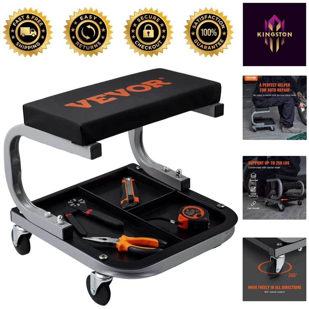 Padded Workshop Stool - 250LBS Rolling Stool with Tool Storage for Mechanics