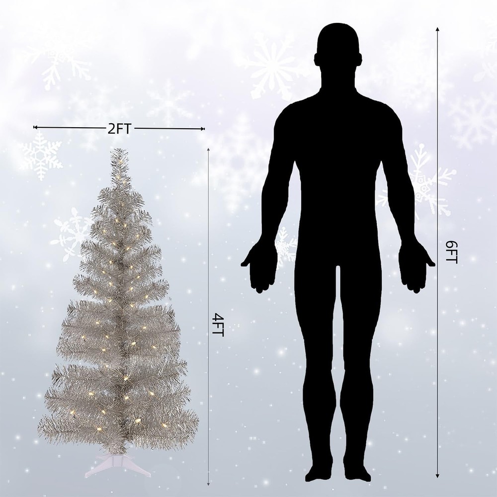4FT Pre-lit Silver Tinsel Christmas Tree with 70 LED Lights & Timer Functions