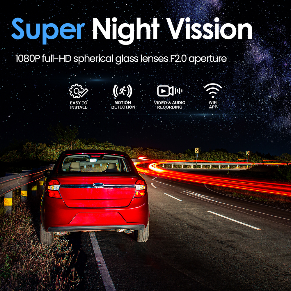 1080P Full HD Dash Cam -Front/Rear/Inside Video Recorder |WIFI & App Control