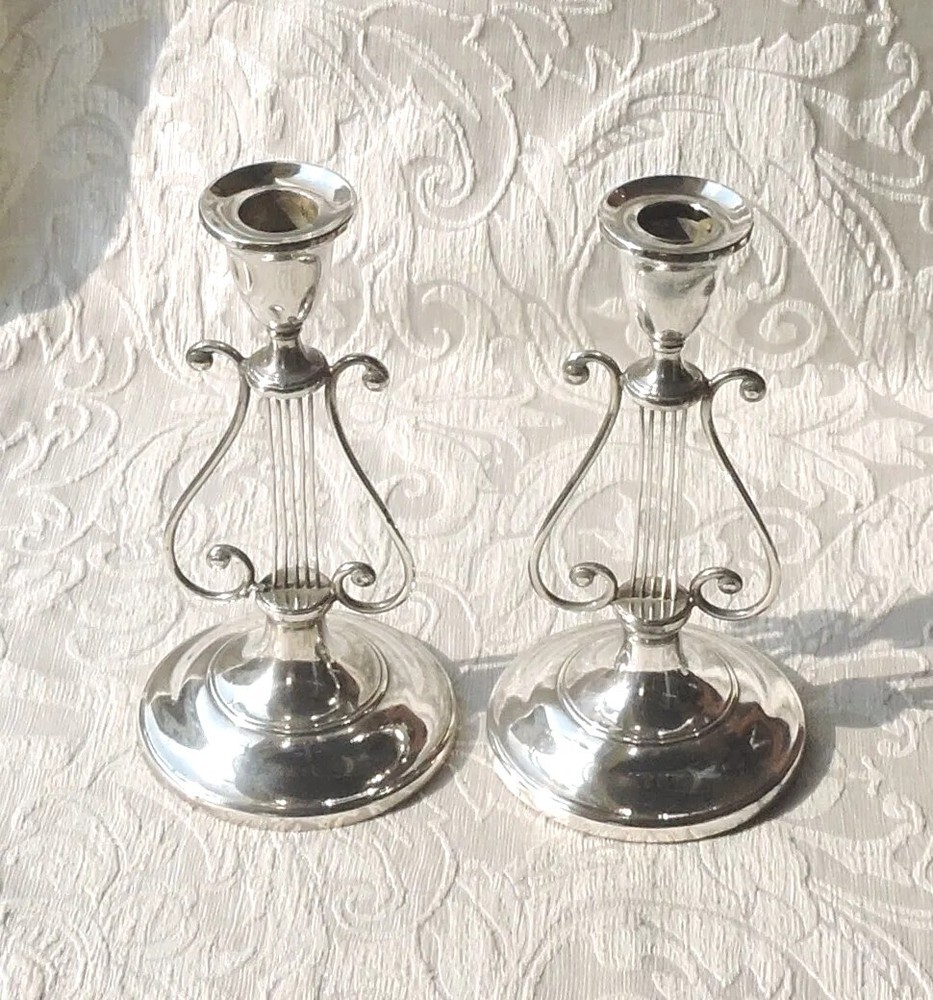 Old Sheffield George III Neoclassical Lira Shaped Candlesticks