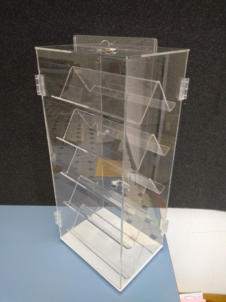 Display stand shelves rotating base two-sided locking doors clear acrylic