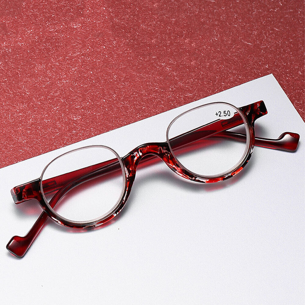 Reversal Half Rimless Reading Glasses, Round HD Half Moon Spring Hinge Readers
