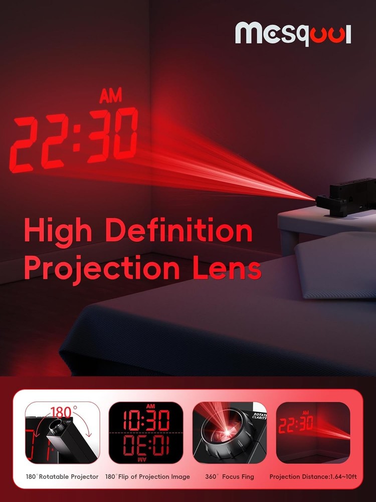 Projection Alarm Clock, Digital with Projection, Red Digits,