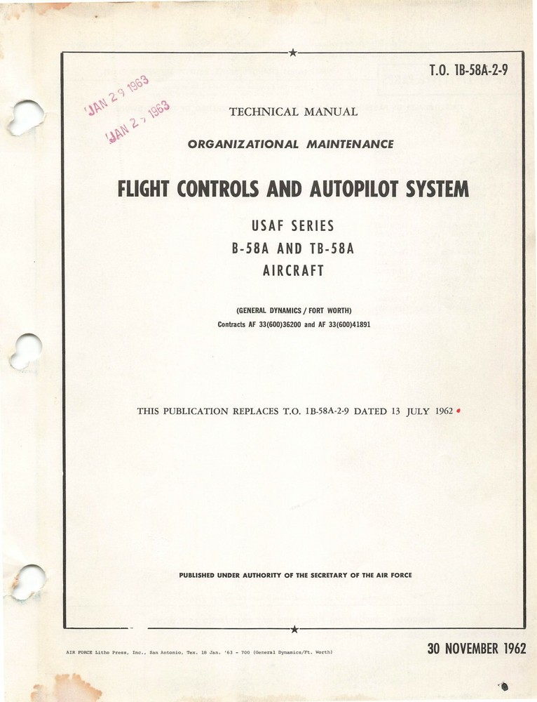 B-58 Hustler 1962 Flight Controls & Autopilot System Maint Flight Manual -CD