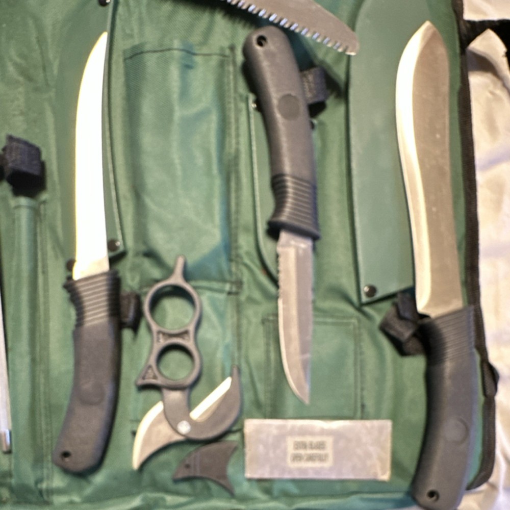 Game Processing Set Stainless Steel Knives Saw Cleaver Sharpener Green