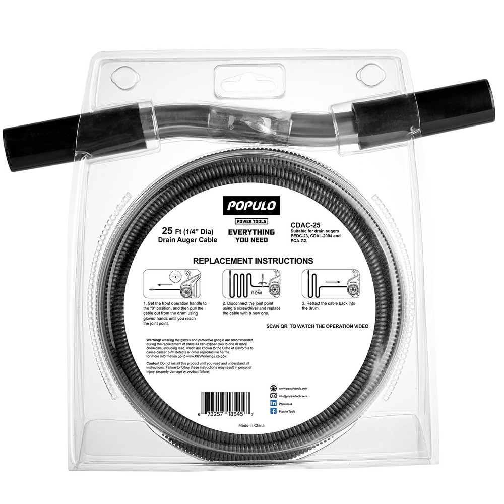 POPULO 25FT Replaceable Cable, Compatible with Electric Drain Silver
