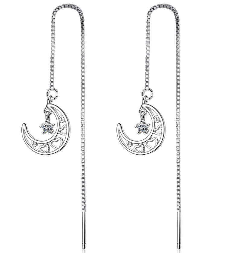 Silver Plated Crescent Moon Star CZ Ear Thread Through Threader Pull Earrings P1