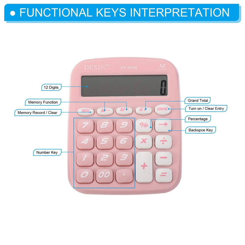 Desk Calculator, Standard Function 12 Digits LCD Display Calculator, Pink