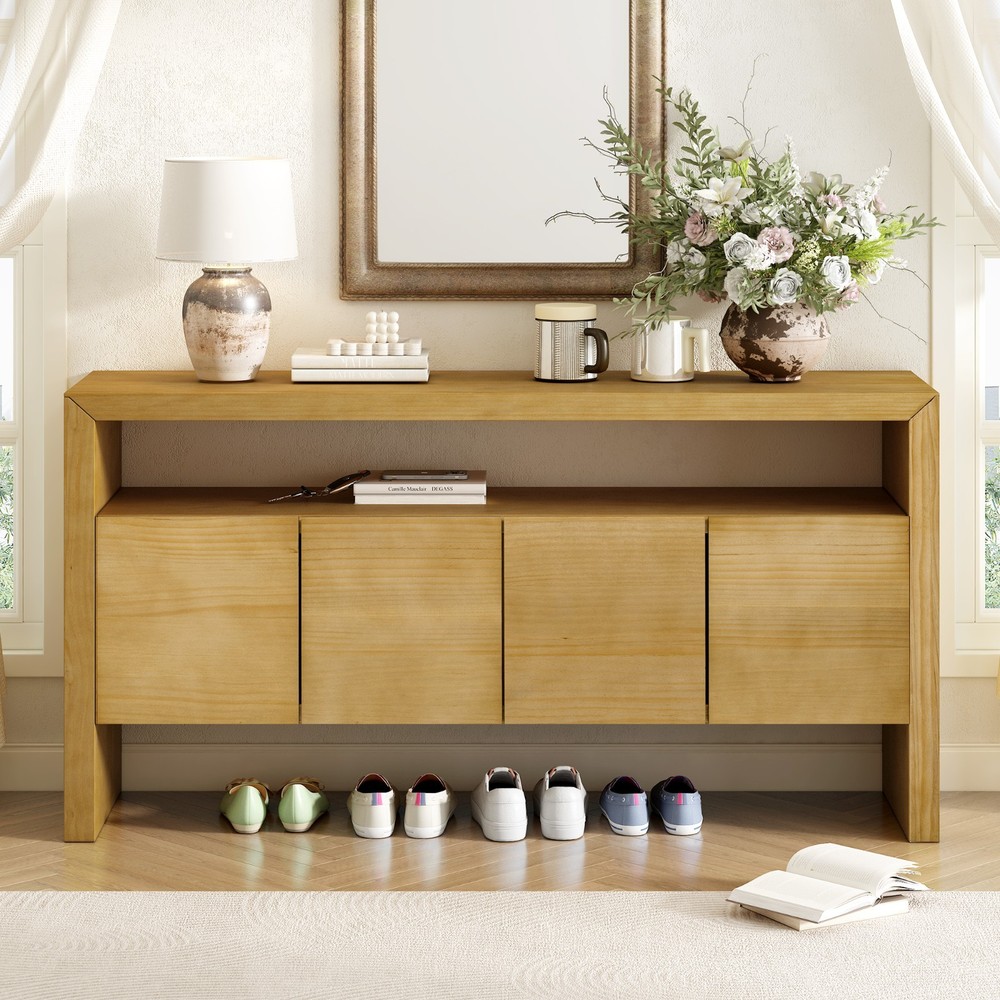 60" Modern Minimalist Solid Wood Veneer Sideboard (4 Doors+Open Shelf, Natural