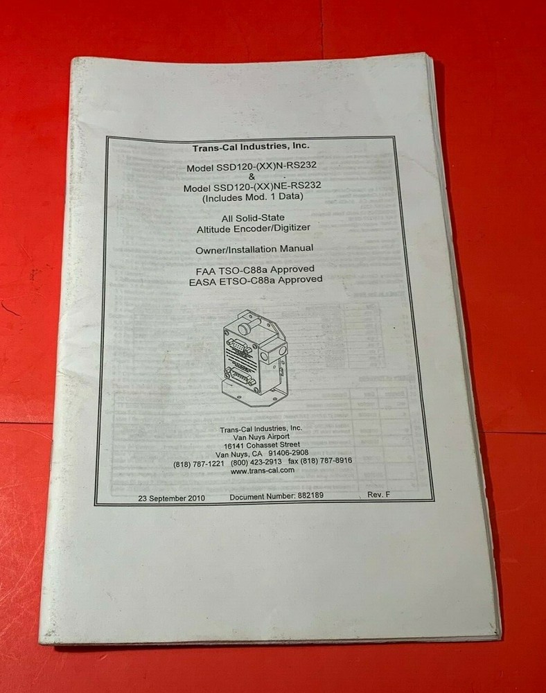 Trans-Cal Model SSD120 (XX)N-RS232 Altitude Encoder Digitizer Manual 882189 2010