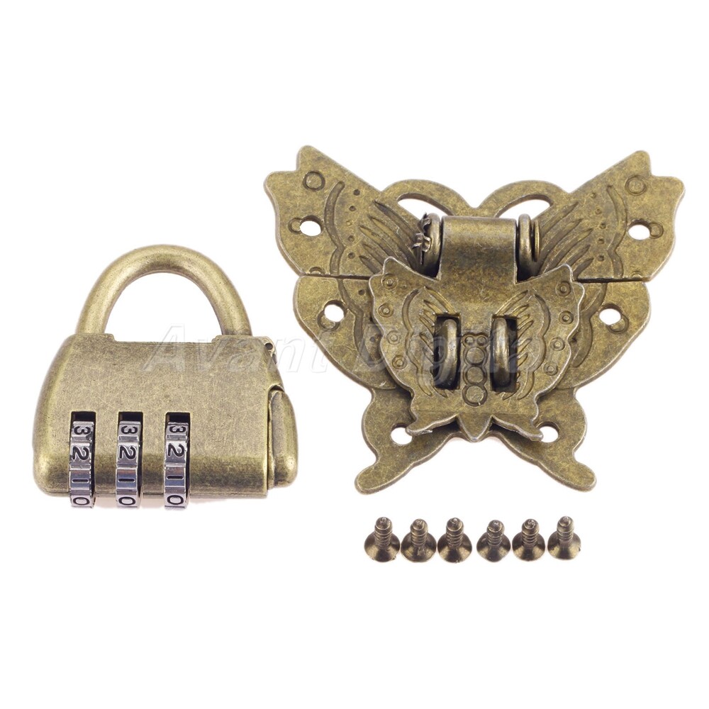 Retro Style Chinese Password Padlock Lock Key with Butterfly Box Latch Clasp Set
