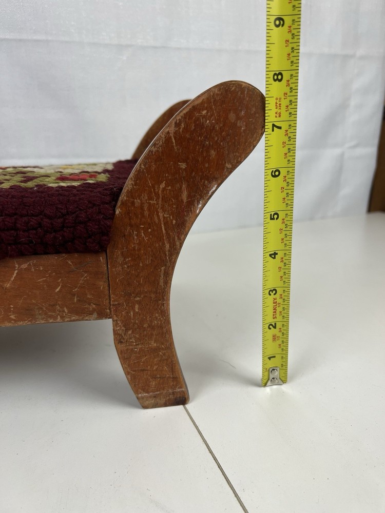 Antique Solid Wood Frame Needlepoint Cushion Top Small Footstool Fair Condition