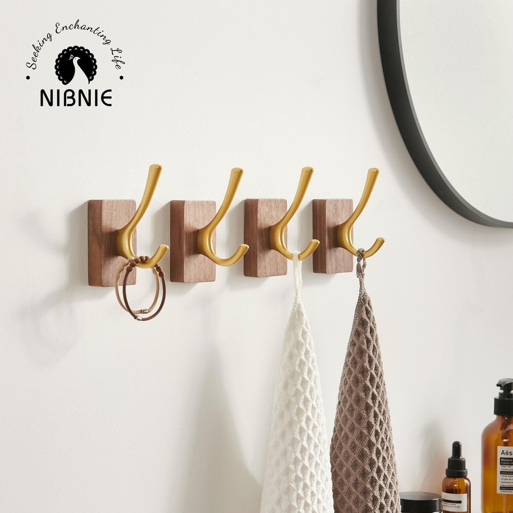 2 Pack Walnut Wood Wall Hooks for Hanging, Adhesive & Drilling Mounted, Decor...