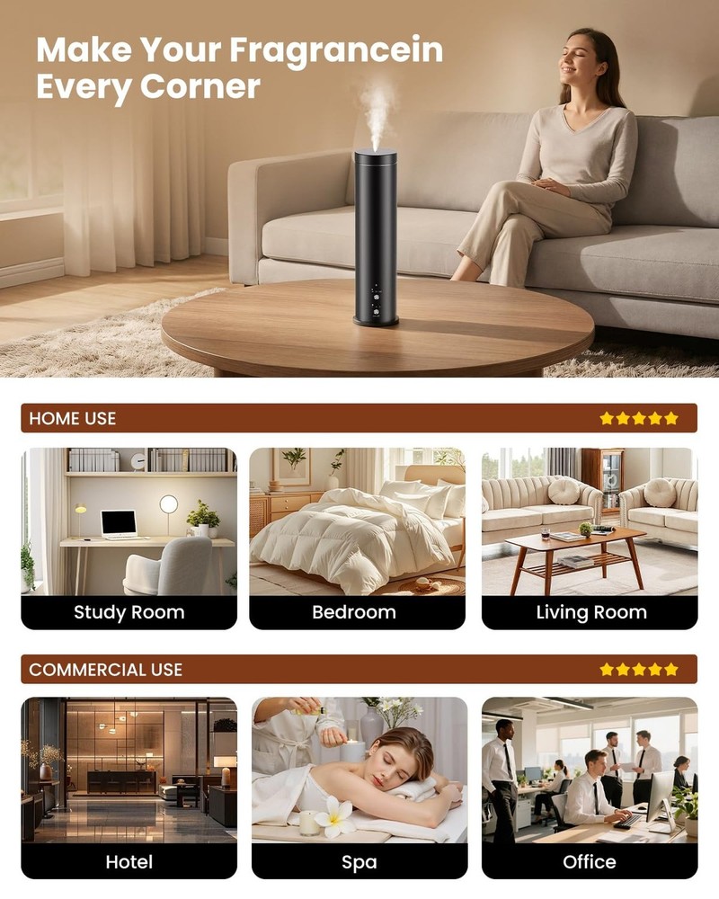 Waterless Essential Oil Diffuser for Large Room, 1000 Sq Ft Coverage, Scent D...
