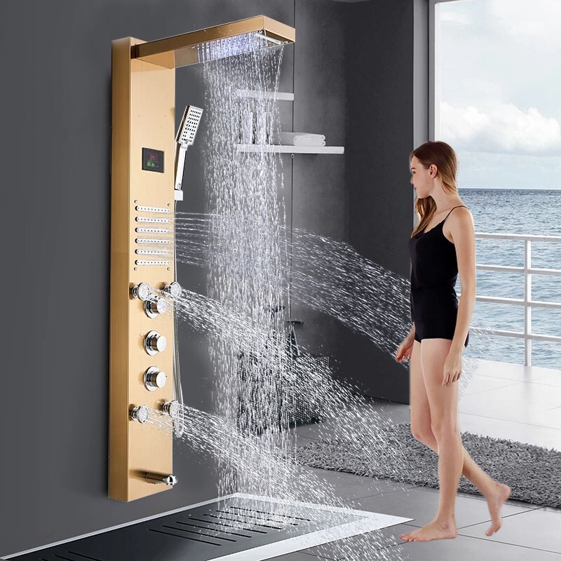 Brushed Gold Shower Panel Tower System LED Rainfall Waterfall Head Faucet Set