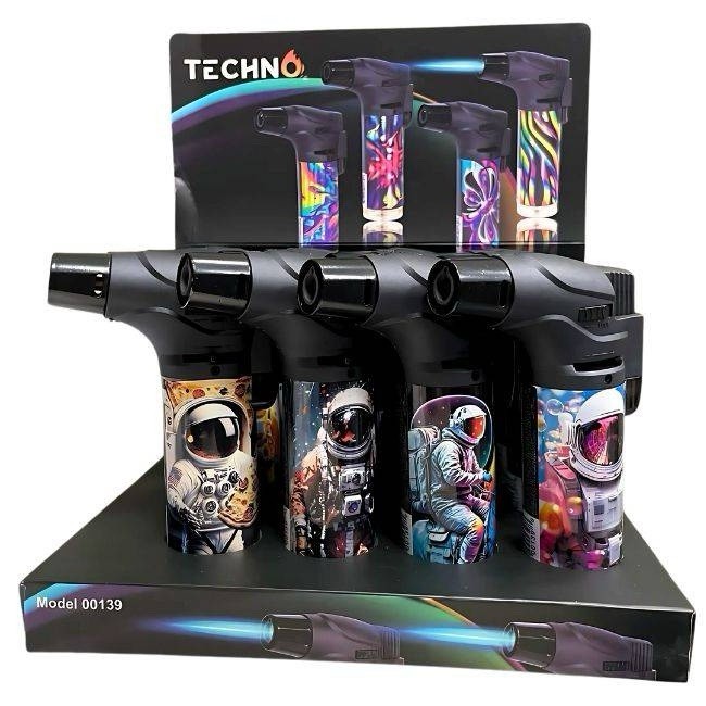 TECHNO BUTANE GAS ASSORTED DESIGN TORCH LIGHTER 12CT/ DISPLAY