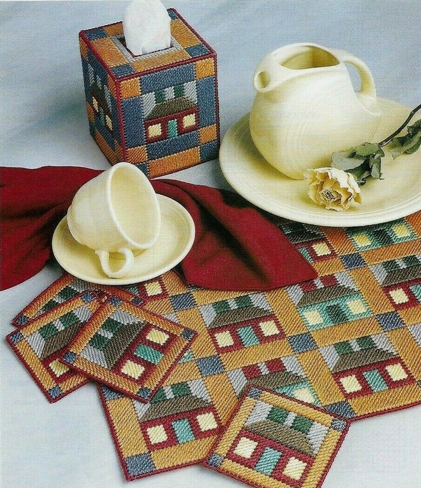 QUILTED HOUSE TRIO PLACE MAT COASTERS PLASTIC CANVAS PATTERN INSTRUCTIONS