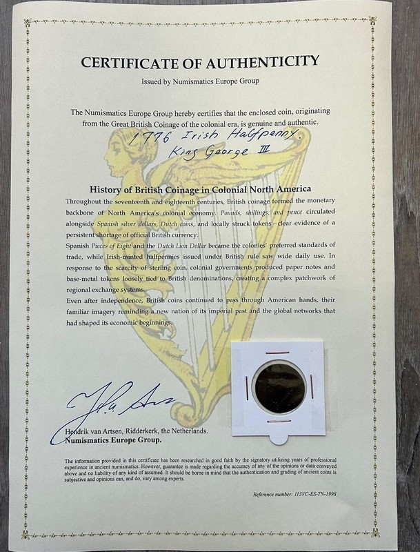 Magic Key Date 1776 Colonial Irish Halfpenny date Independence! Certificate Auth