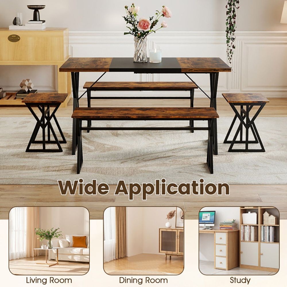 Space-Saving 5-Pc Industrial Dining Set: Table, Benches, Stools