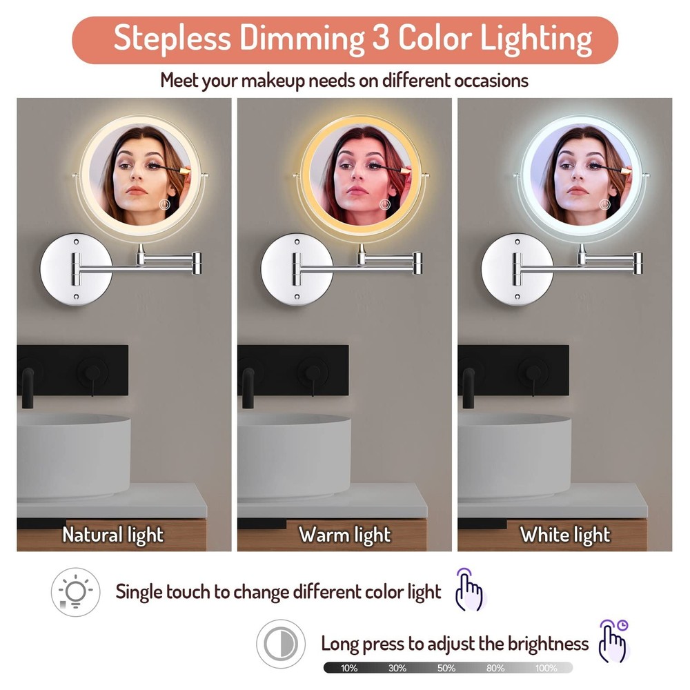 Rechargeable Wall Mounted Lighted Makeup Mirror Chrome, 8 Inch Double-Sided L...