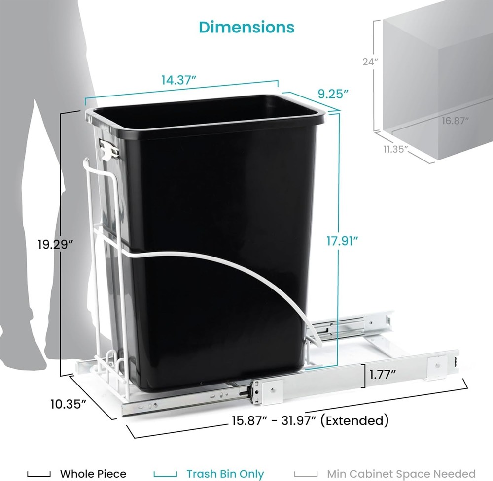Home Zone Kitchen 29L Single Pullout Sliding Trash Can Under The Counter Bin