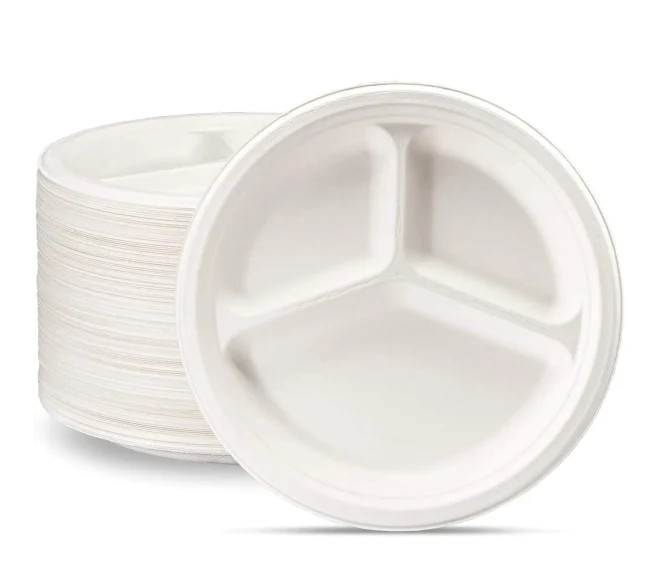 50 Sugarcane 3 Sections Tray Plates Disposable Biodegradable Partyware EC1680