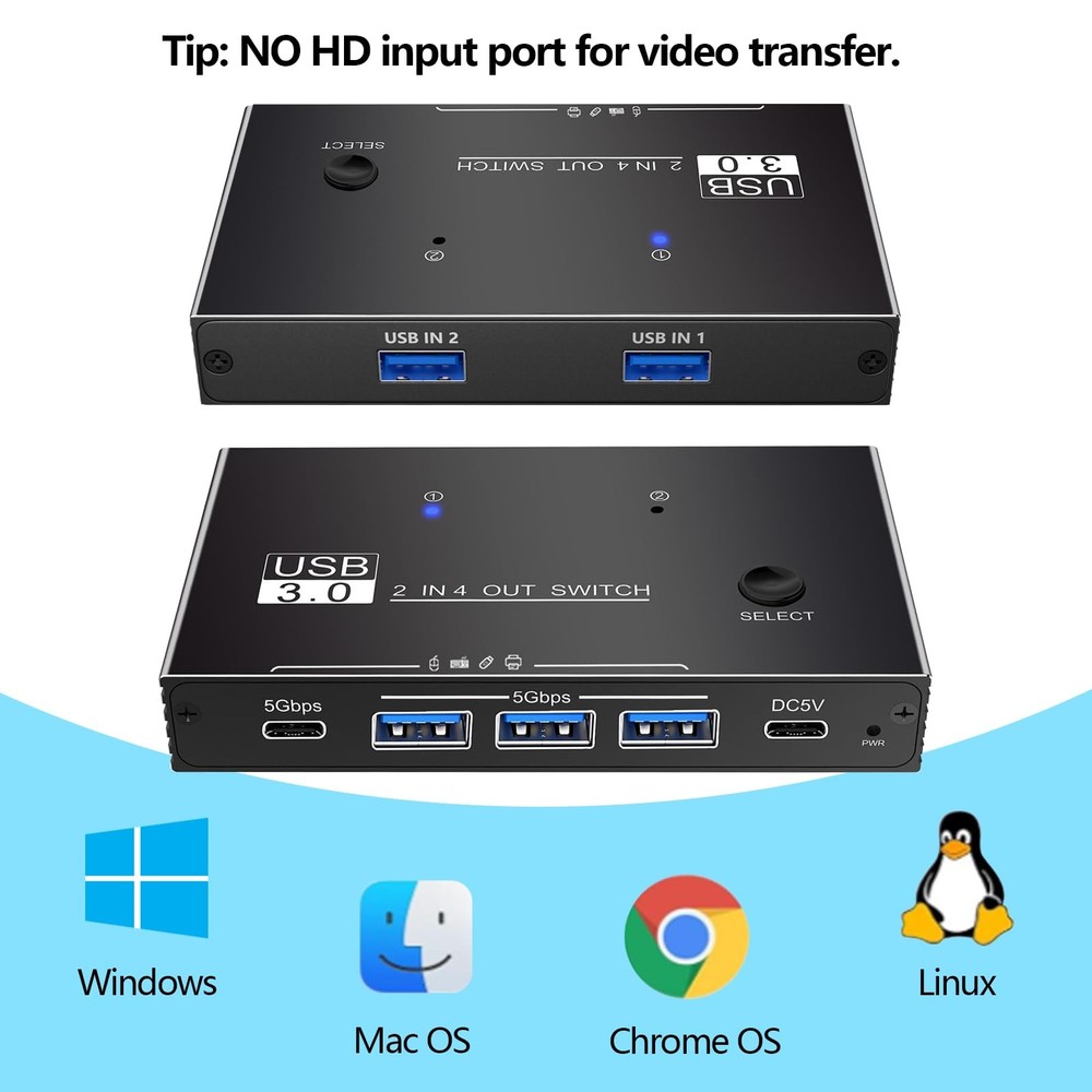 USB Switcher 2 Computers Sharing - 5Gbps USB 3.0 Switch Share 4 Port Devices,...
