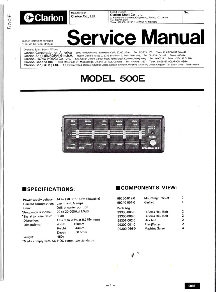 CLARION MODEL 500E SERVICE MANUAL