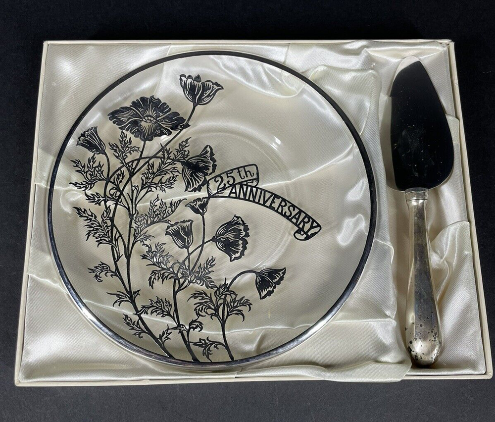 Vintage 25th Anniversary Silver Overlay Cheese Dish W Web Sterling Handle Server