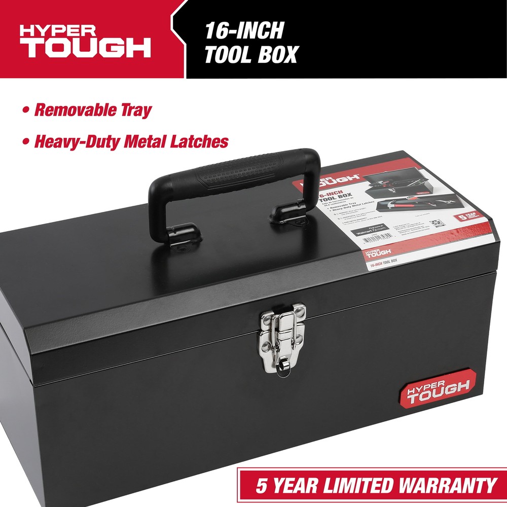 16-inch Black Metal Tool Box with Removable Tool Tray
