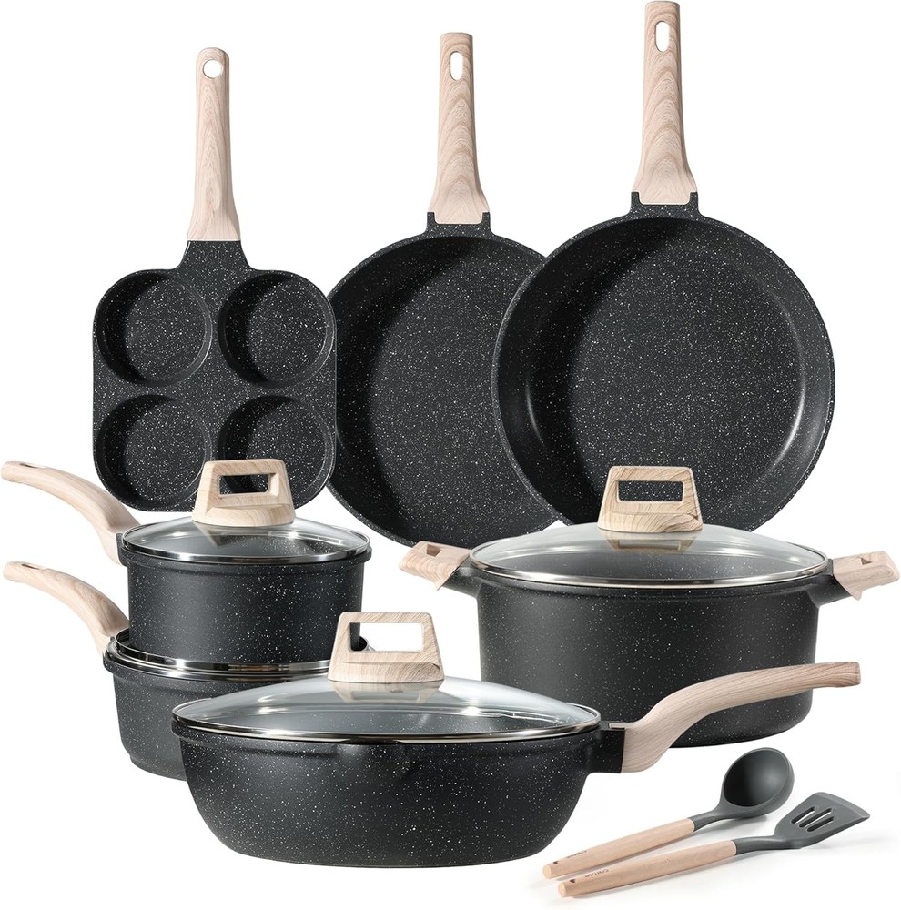 Pots & Pans Set Nonstick White Granite Induction Kitchen Cookware Set 10 Pcs