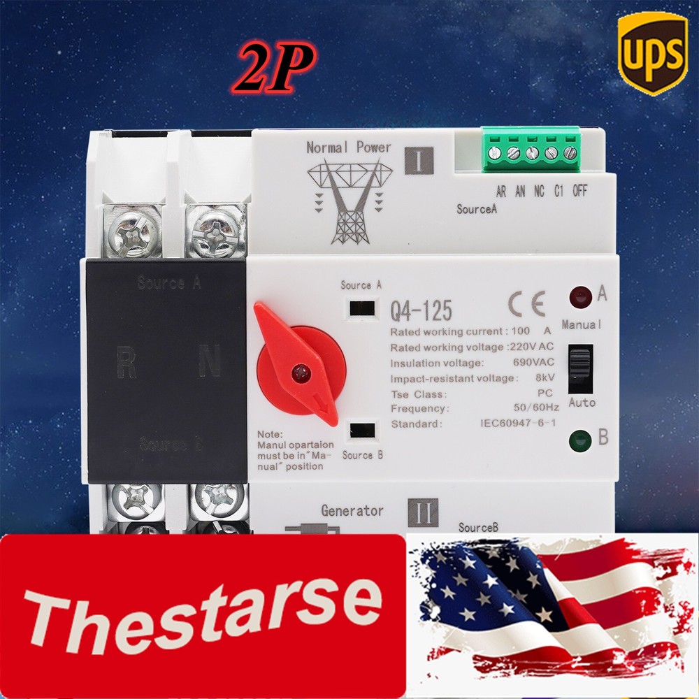 Dual Power Automatic Transfer Switch 2P 100A 110V Grid to AC Generator PC Level