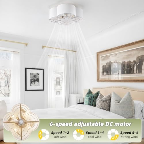 Caged Ceiling Fan with Light, Boho Flush Mount Ceiling Fan with Lights White