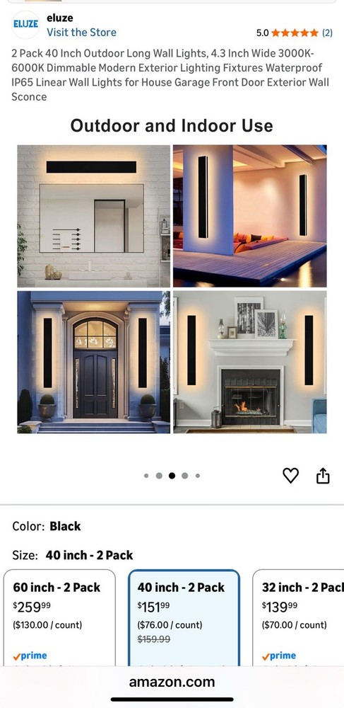 Eluze 2 Pack 40 Inch Modern Black LED Wall Sconce, Waterproof, Dimmable, IP65