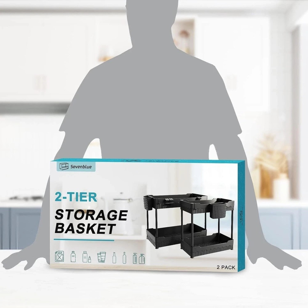 2 Pack Under Sink Organizer 2 Tier Sliding Drawer Storage Rack Kitchen Bath