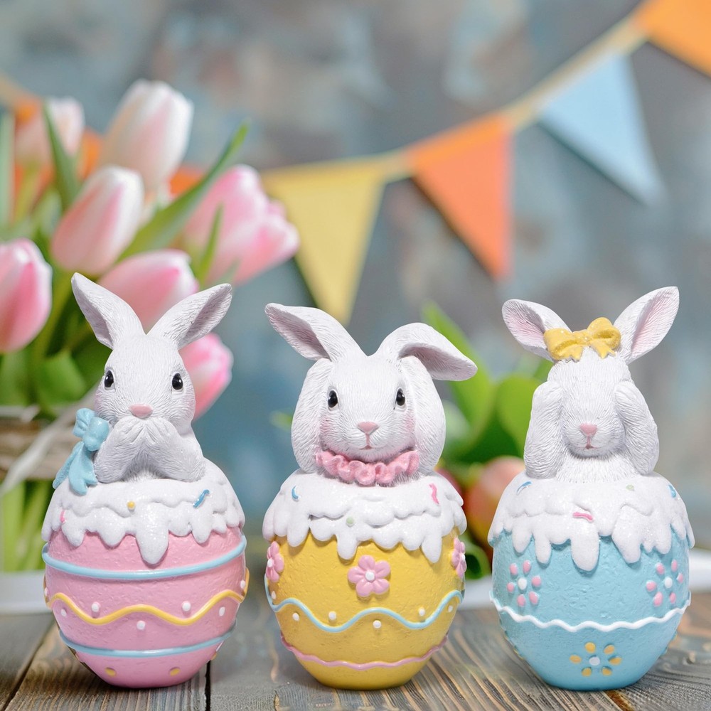 Hodao 3PCS Easter Day Bunny Decoration Set - White Rabbit Figurines - Easter ...