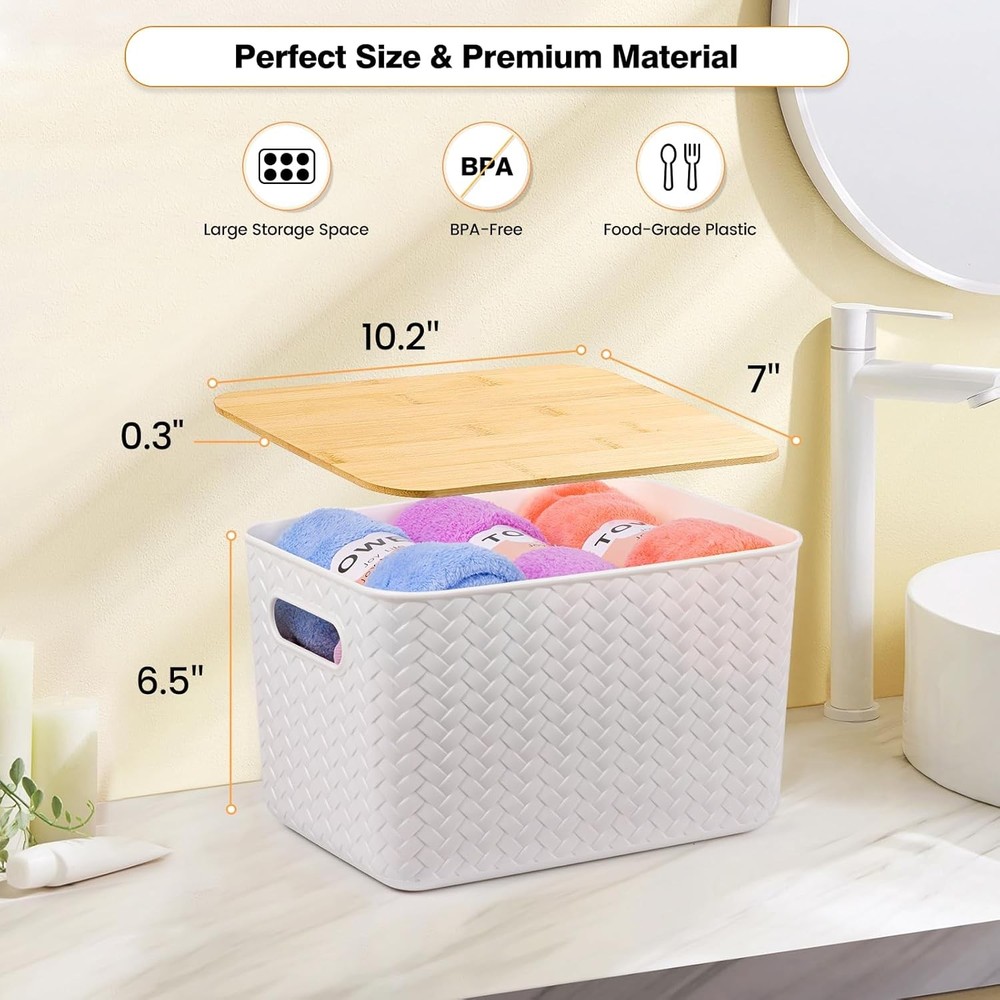 NEW.4-Piece Storage Box Set with Bamboo Lids- Stackable Storage Containers.White