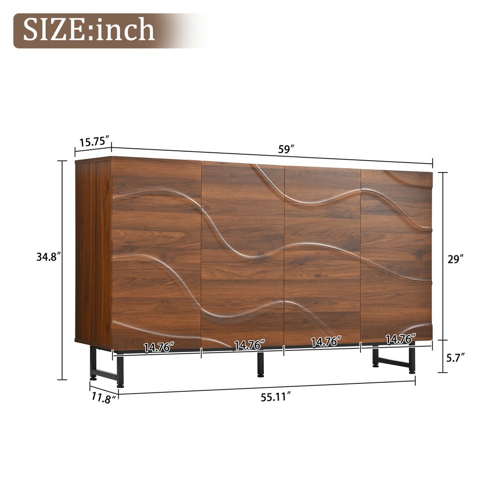 Modern Art Solid Wood Sideboard,59*16*35inch, Wave Relief Design, Walnut Textu