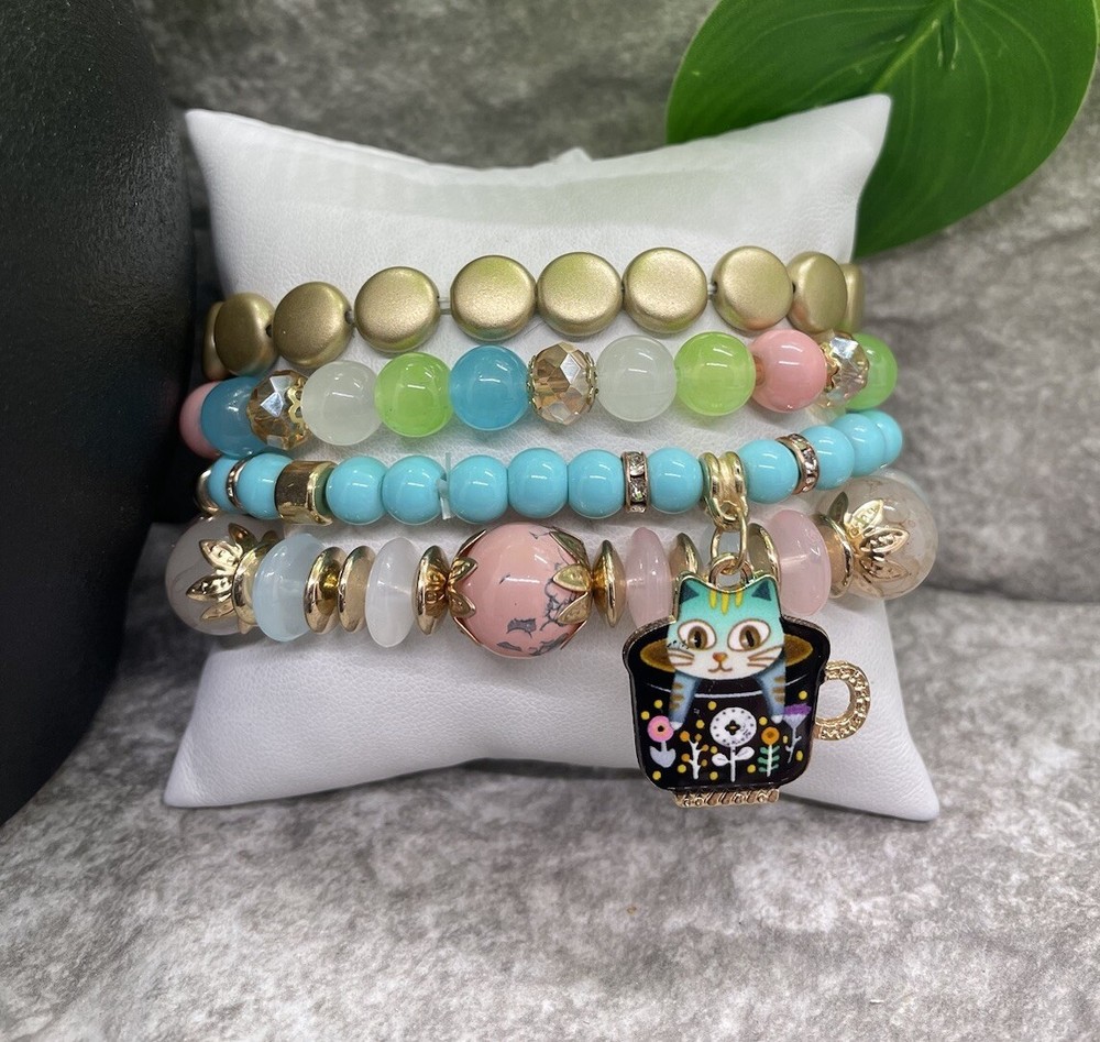 4 PC Handmade Boho Beaded Stackable 6.25” Plus Stretch Bracelet Set New B1172