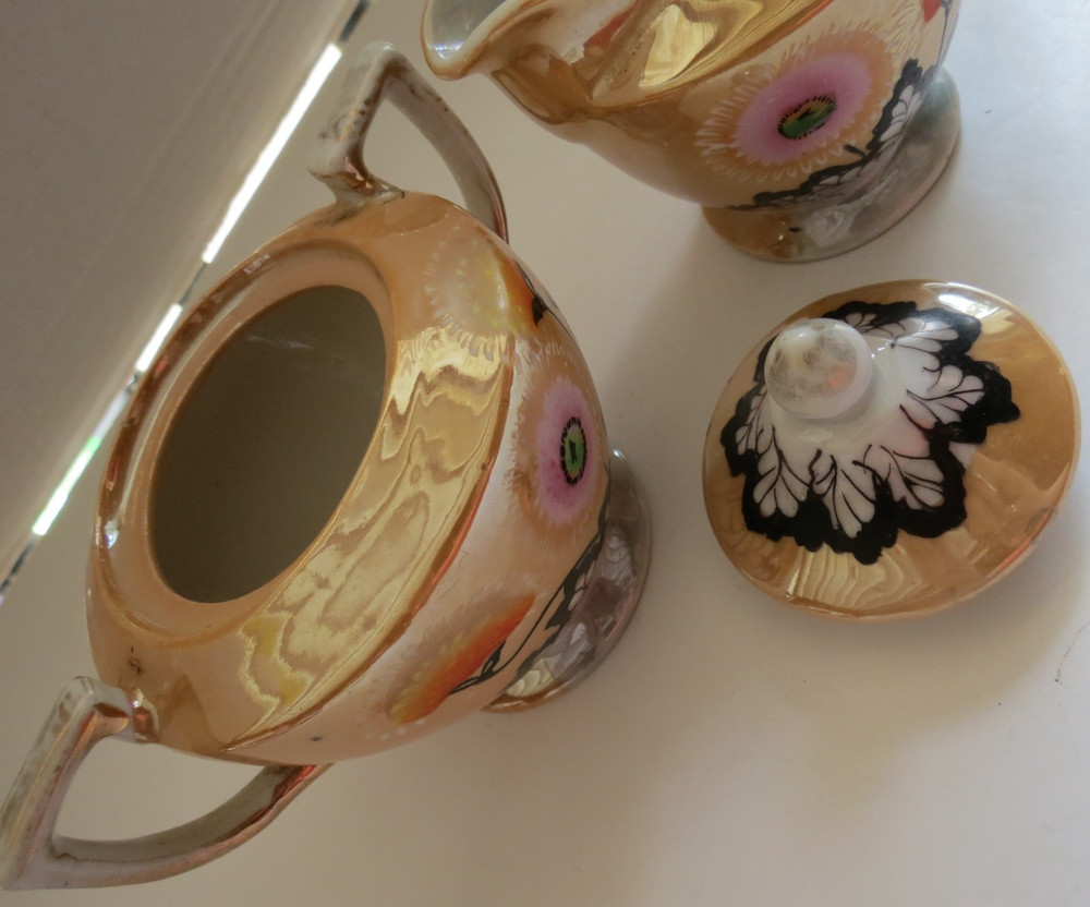 Orange Lusterware Double Handle Sugar Bowl & Creamer Set Hand Painted