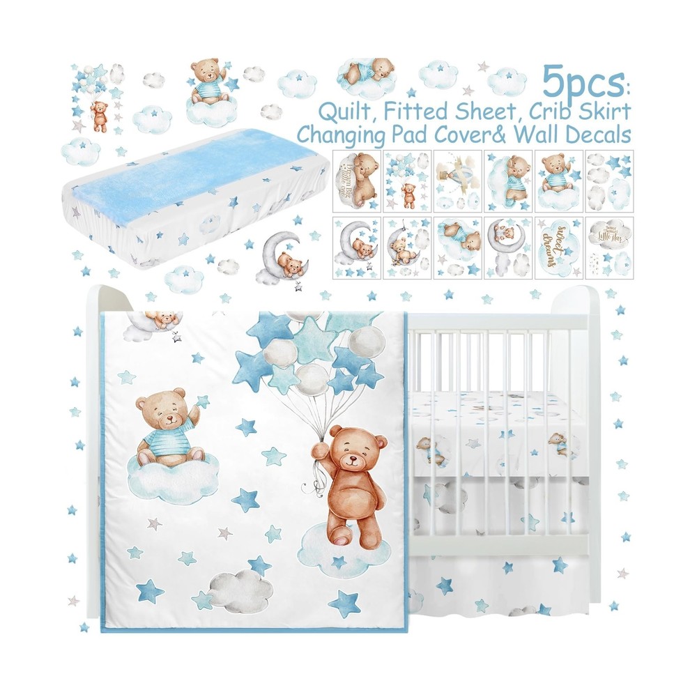 Mixweer 5 Pcs Crib Bedding Set for Toddlers Include Cloud Balloon Bear Theme ...