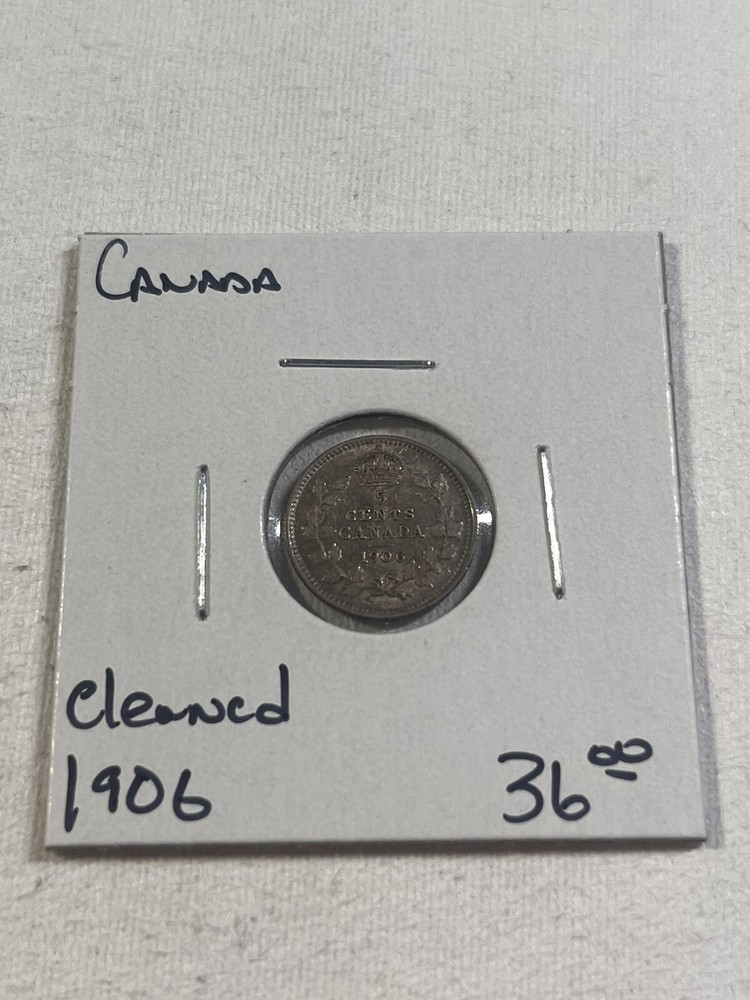 1906 Canada 5 Cents Small Silver Coin Cleaned