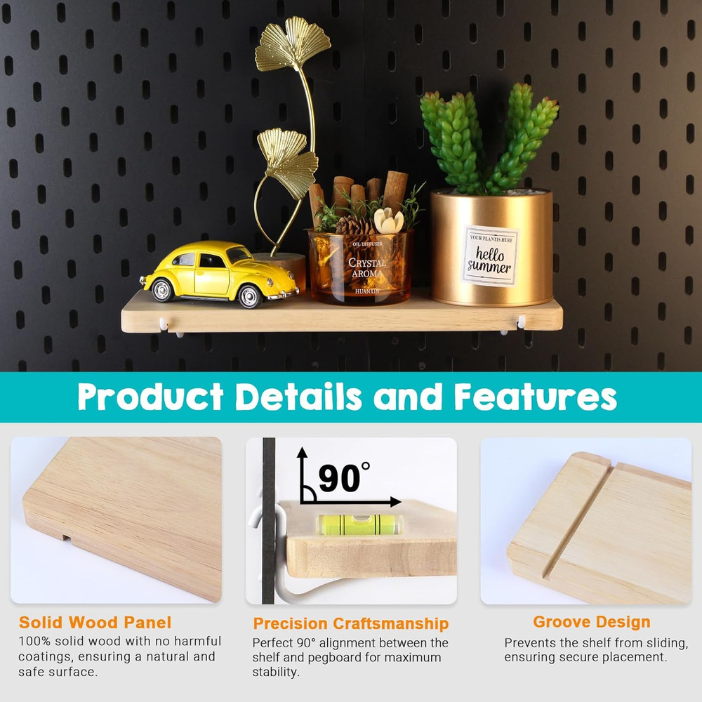 4 Pack Solid Wood Pegboard Shelves with Hooks for Home & Office Organization