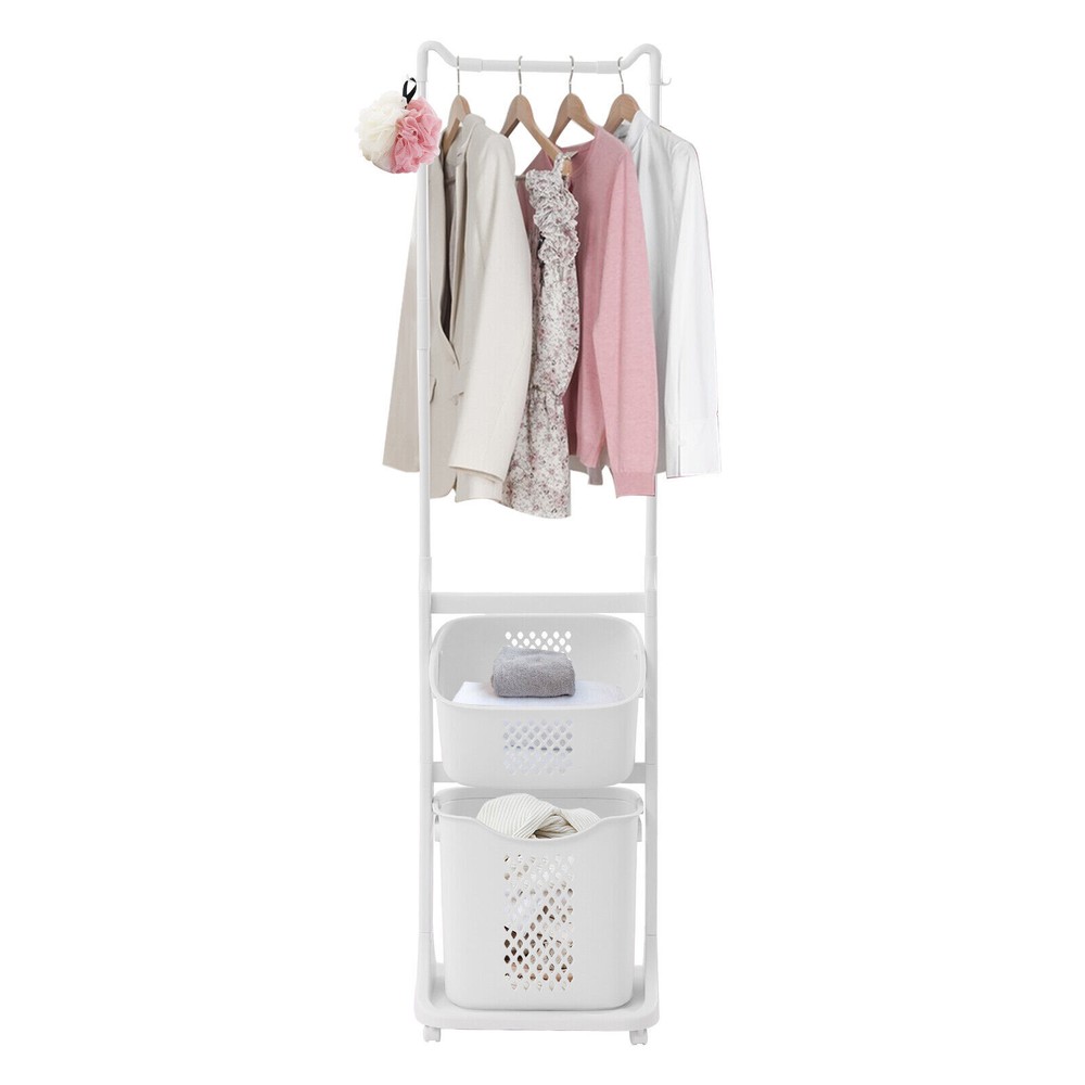 Rolling Laundry Basket Bathroom Kitchen Clothes Storage Shelf Multi-layer Stand