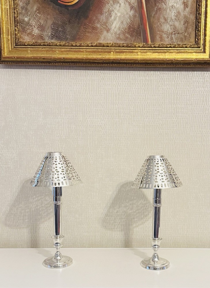 Vintage 2 Silverplate Springloaded Candlestick Holders With Silverplate Shades