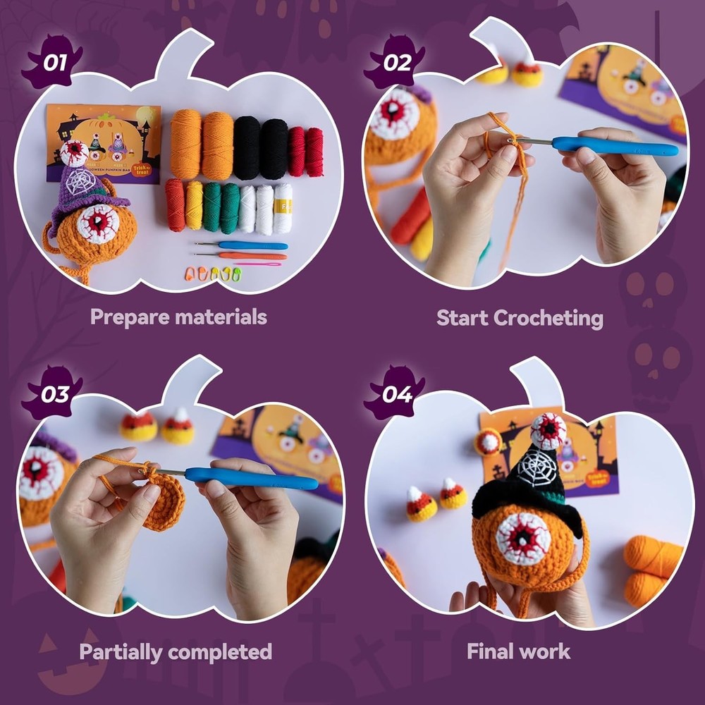All-in-One Beginner Crochet Kit: Pumpkin Candy Bag with Video Tutorials - Per...